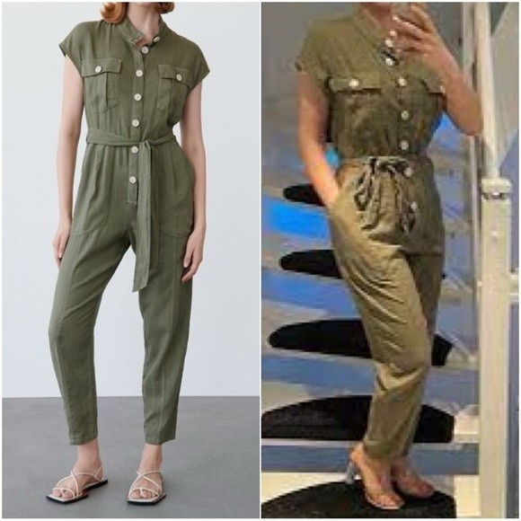 Zara Pants & Jumpsuits Zara Olive Green Linen Blend Short Sleeve